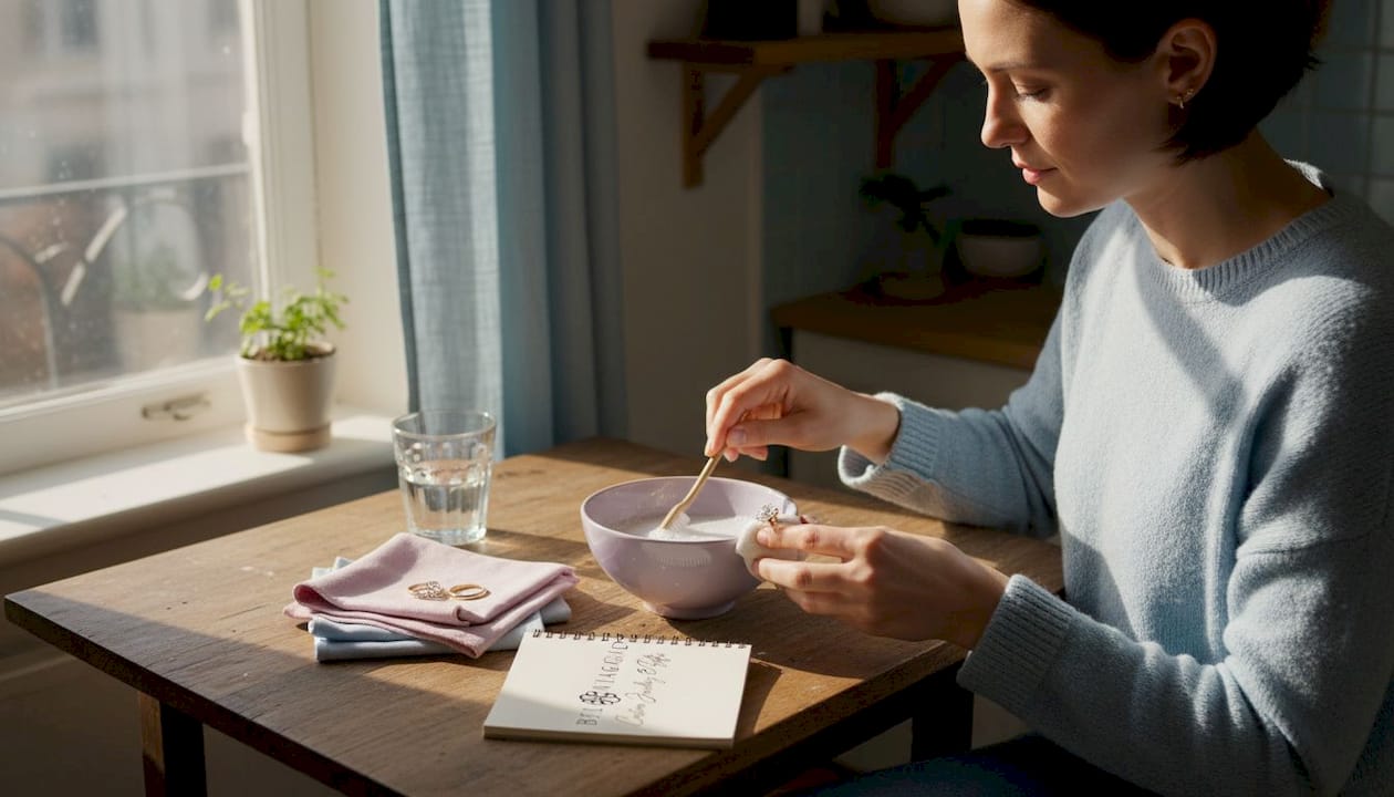 Woman carefully cleaning fine jewelry in kitchen