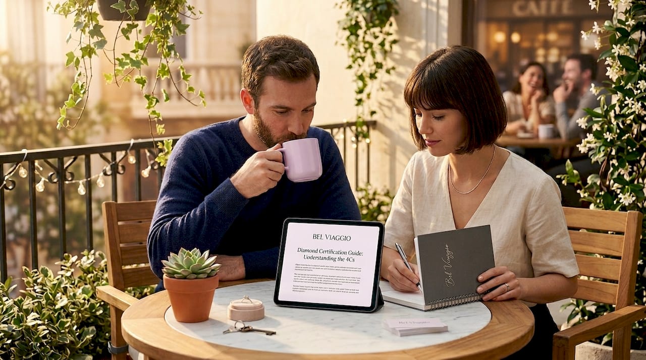 Couple reviewing jewelry guide at kitchen table