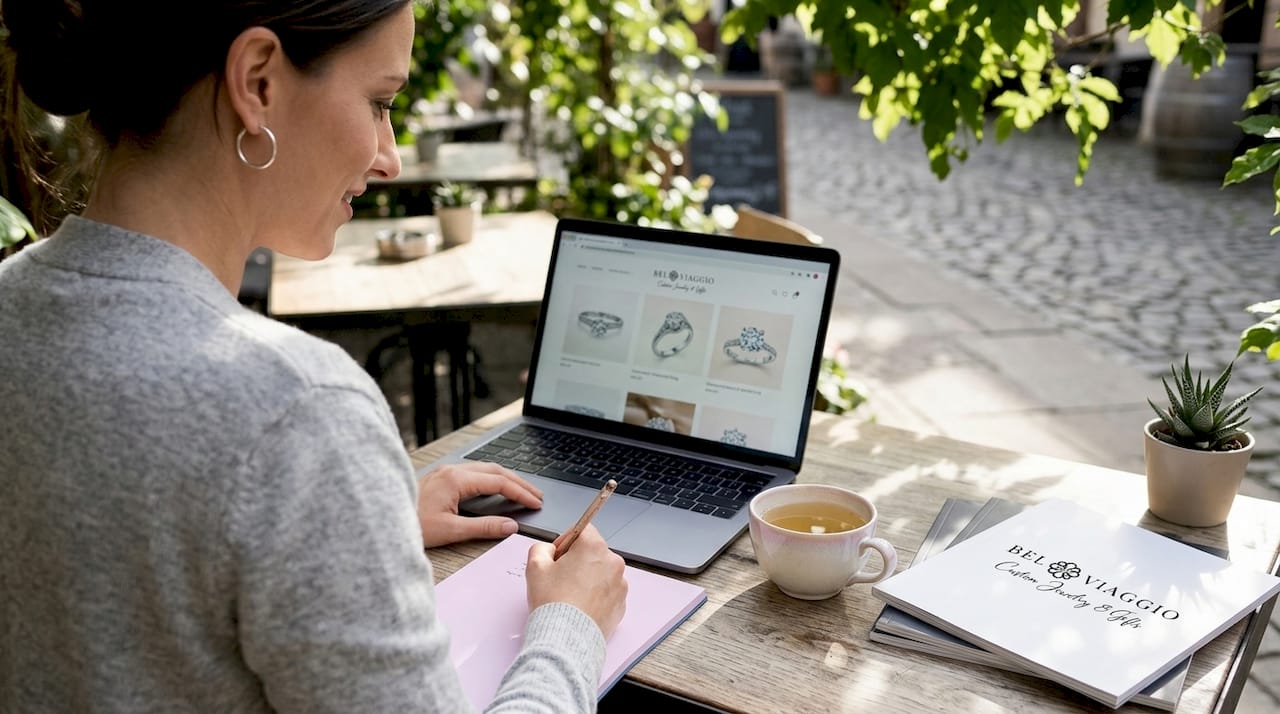 Woman shopping diamond rings online at home