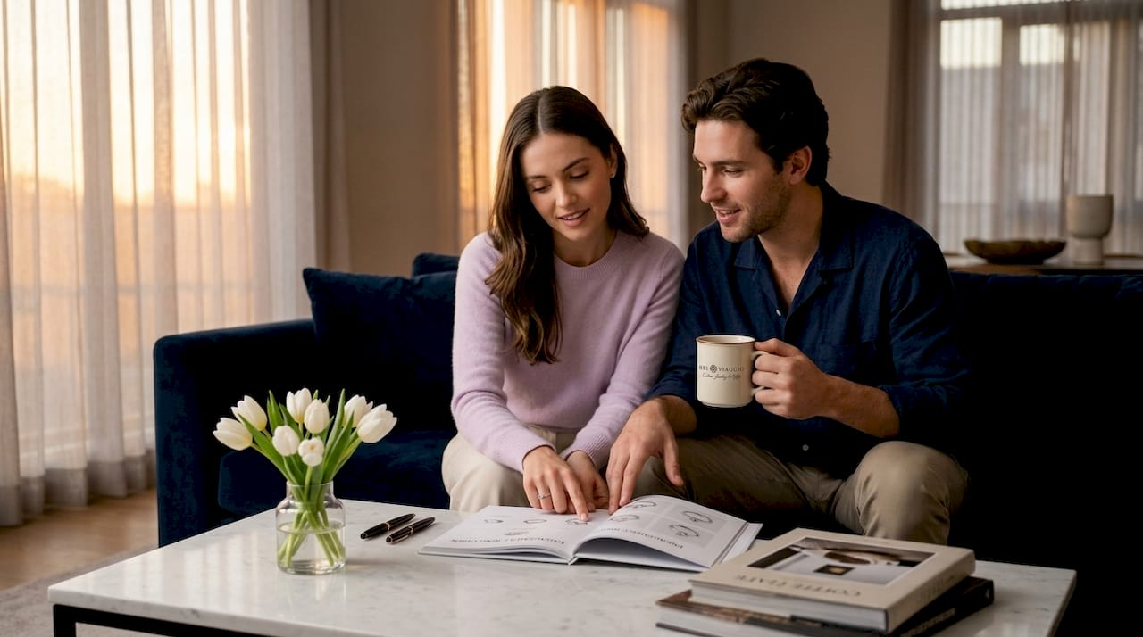 Couple browsing engagement ring styles at home