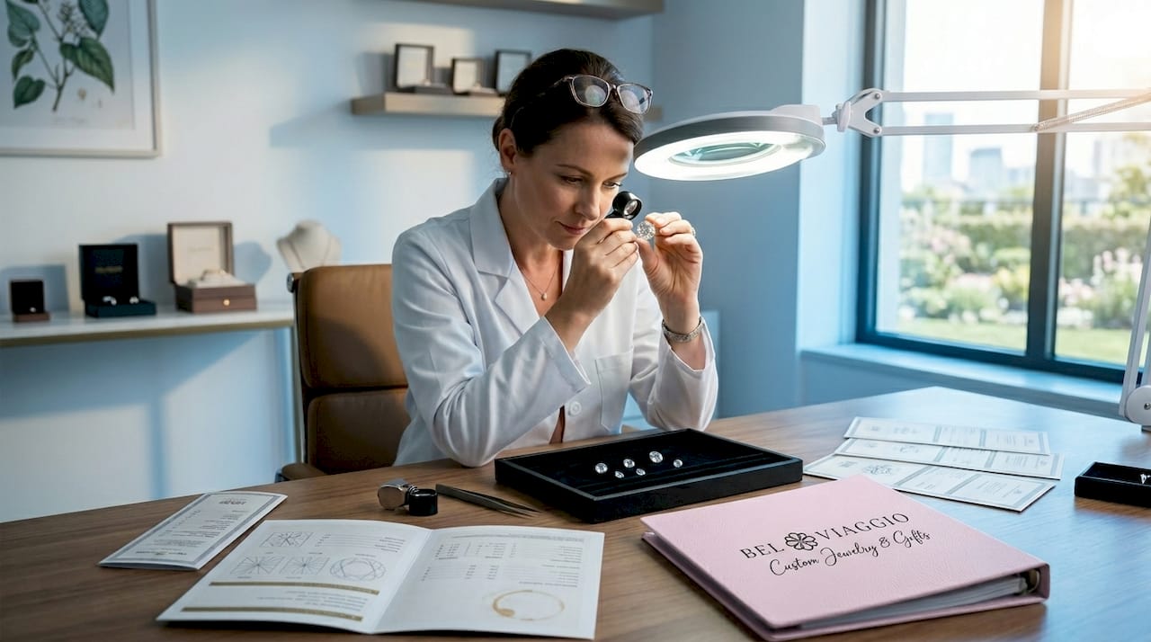 Gemologist grading diamond in studio