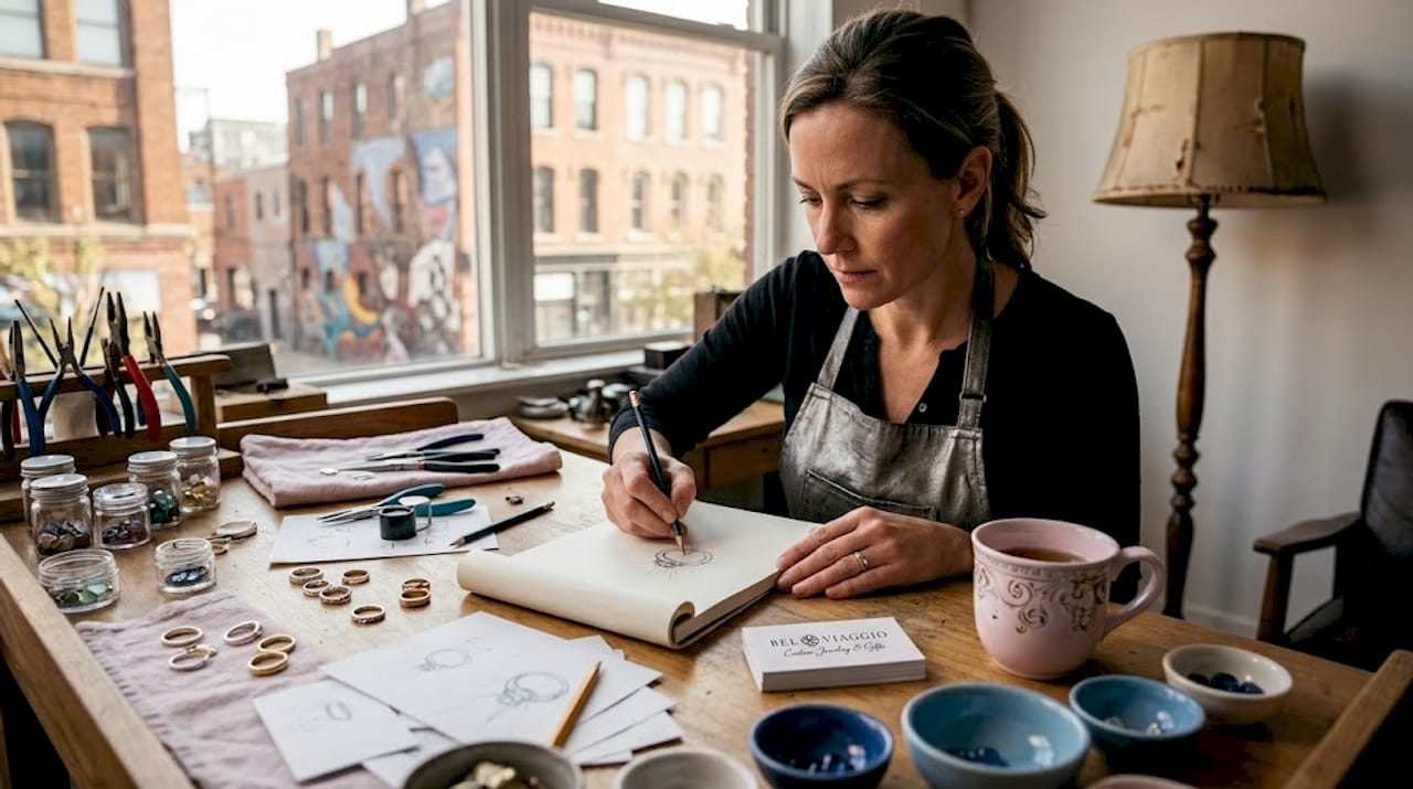 Jeweler sketching custom ring at bright studio desk