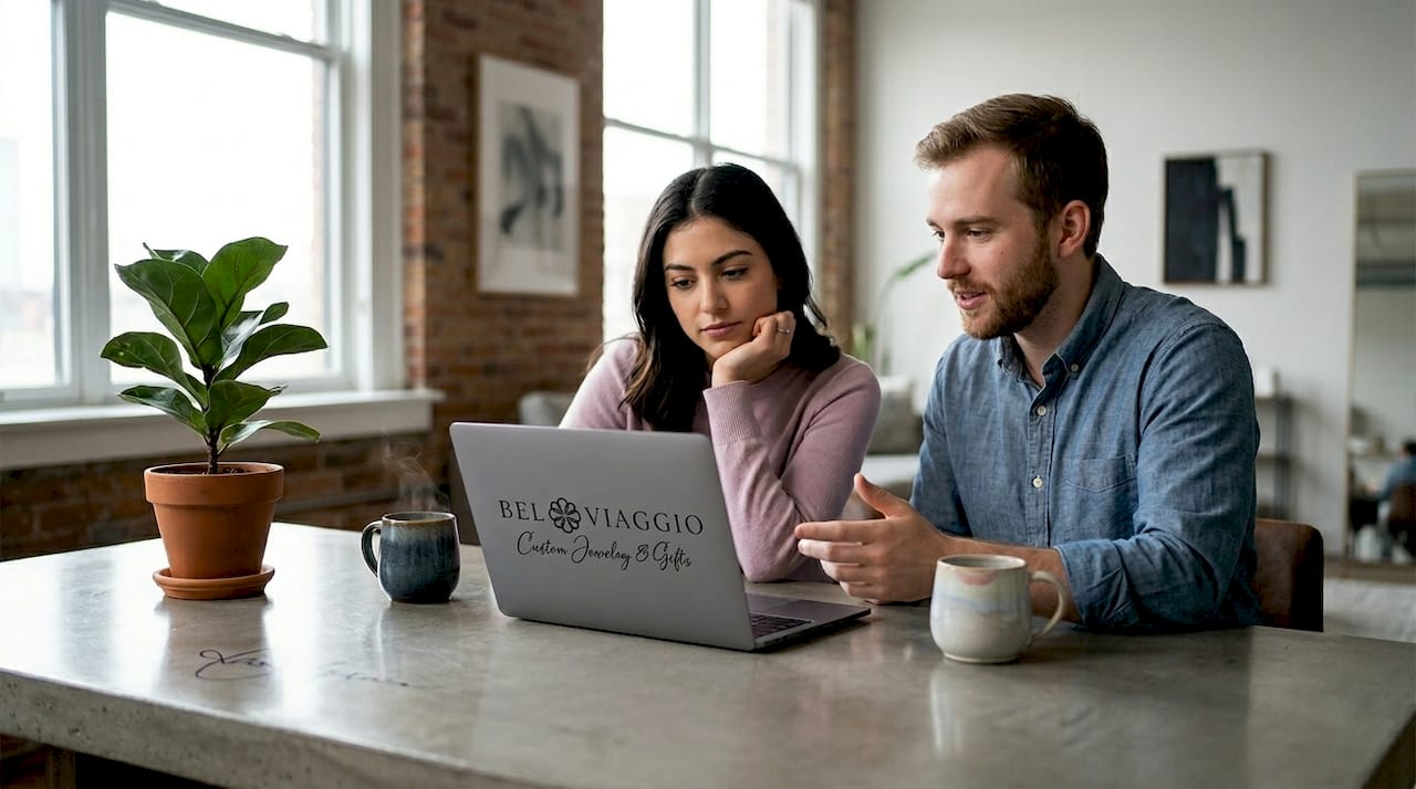 Couple browsing engagement rings at home table