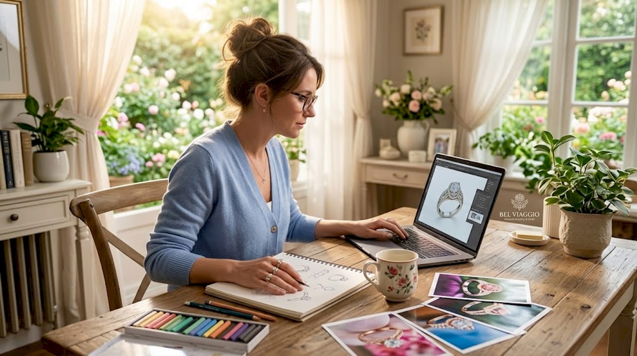 Woman designing rings online in home office