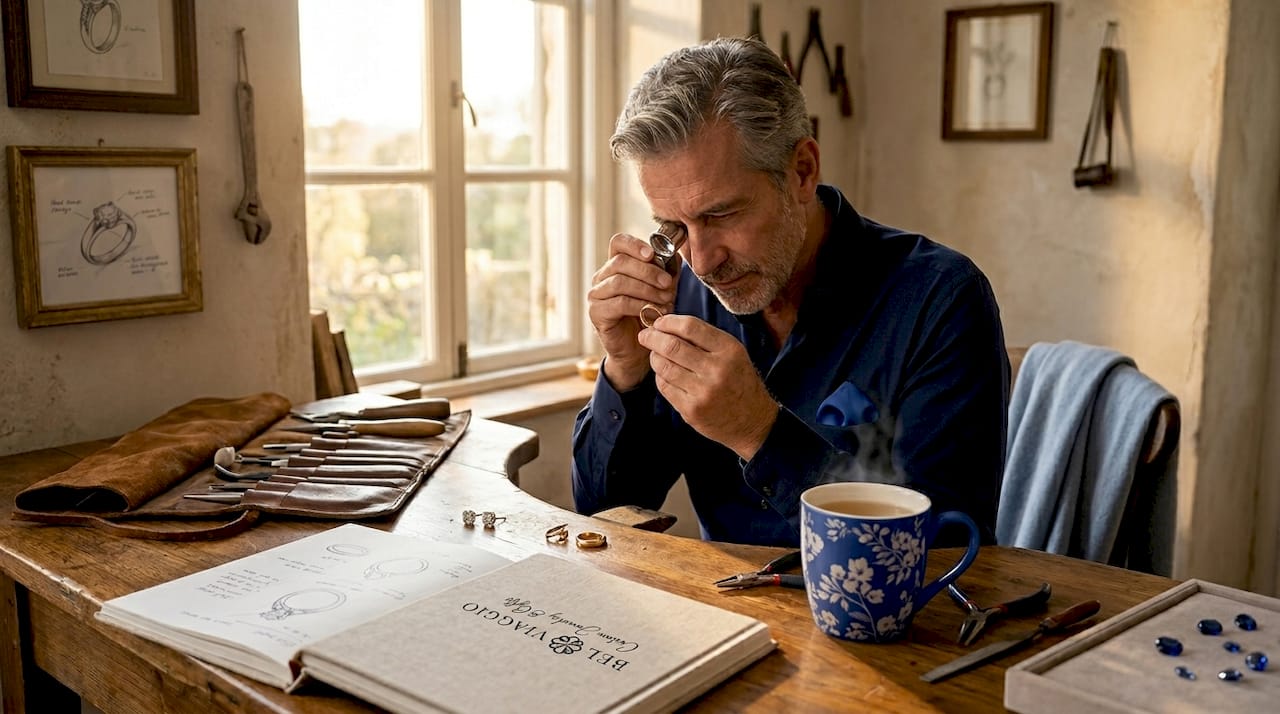Jeweler inspecting timeless gold band and diamonds