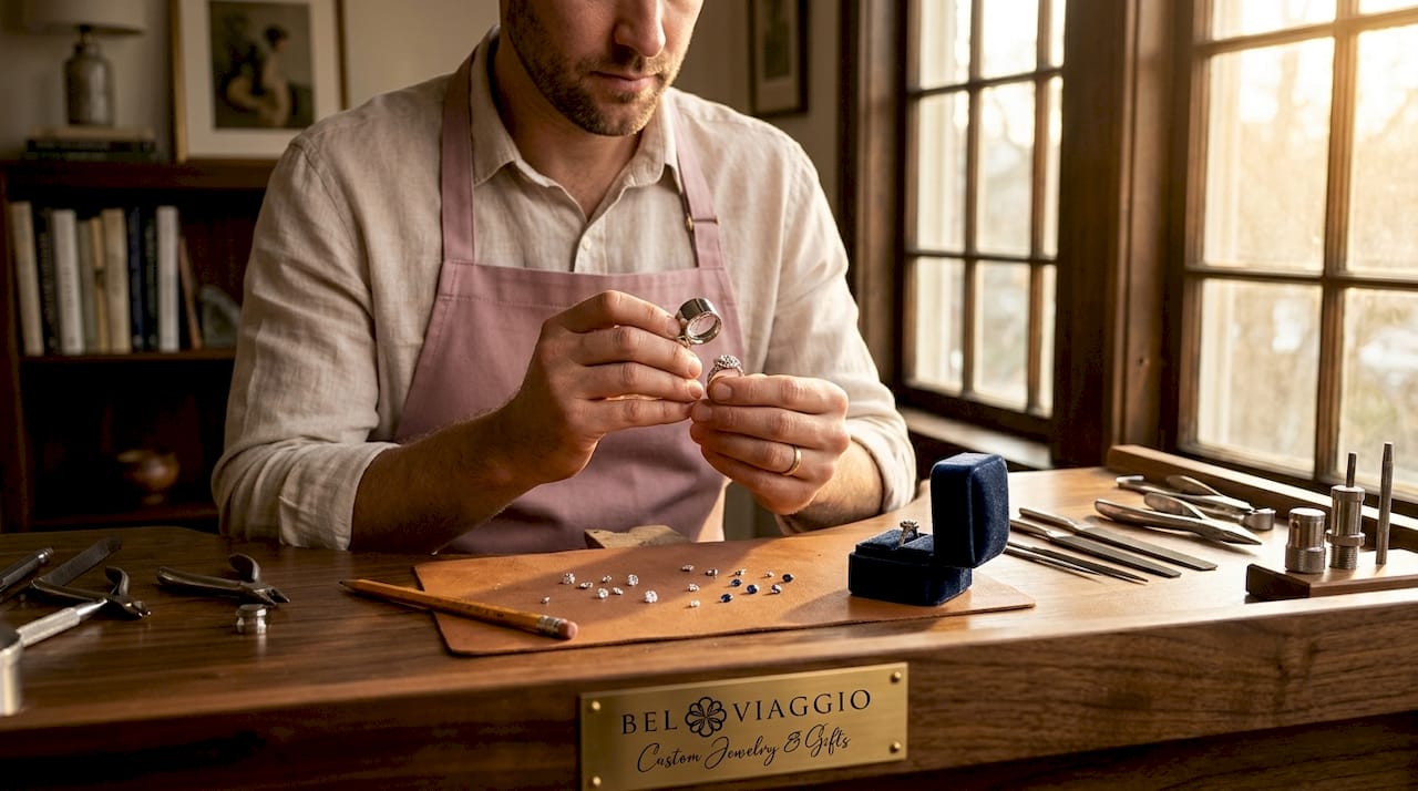 Jeweler inspecting halo ring at workbench
