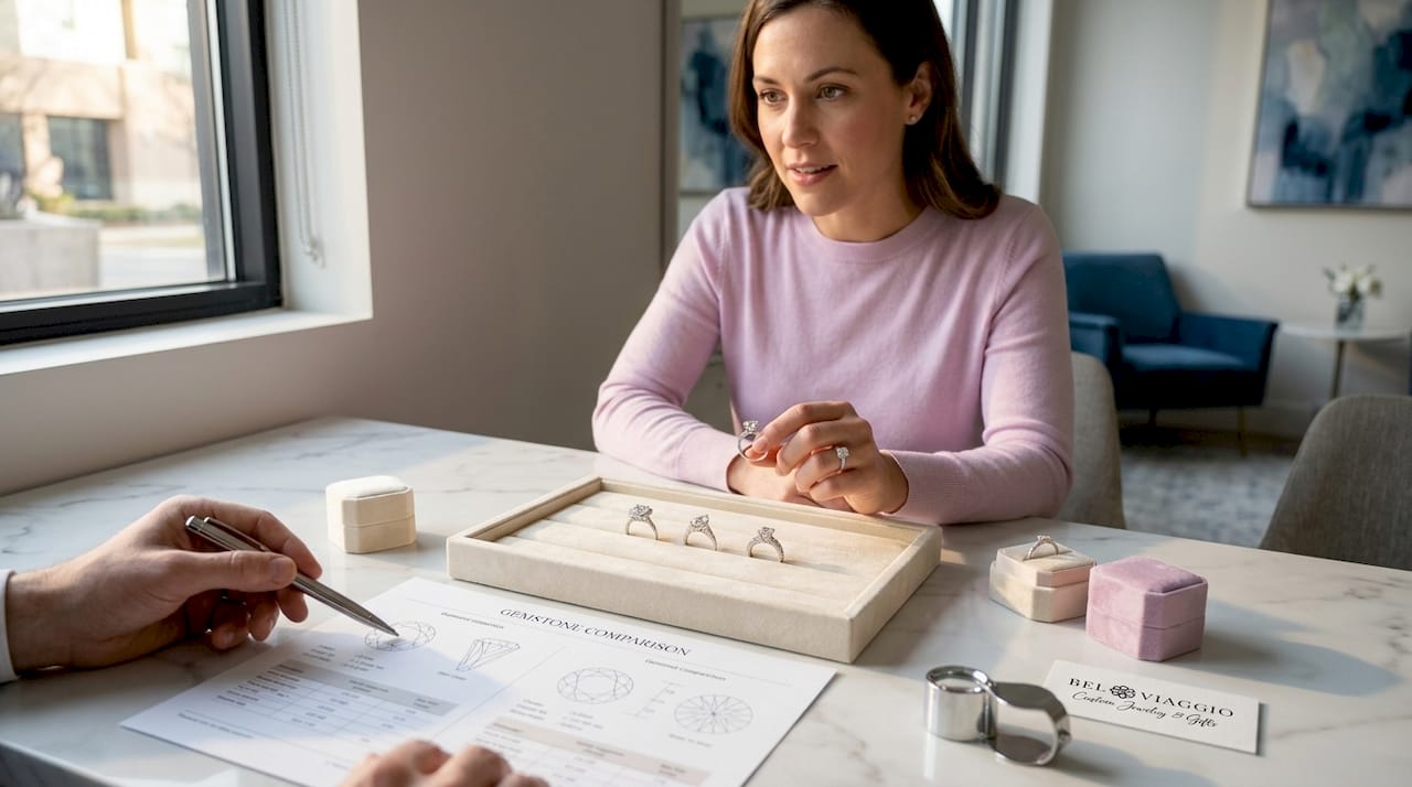 Customer comparing engagement rings at jeweler’s desk