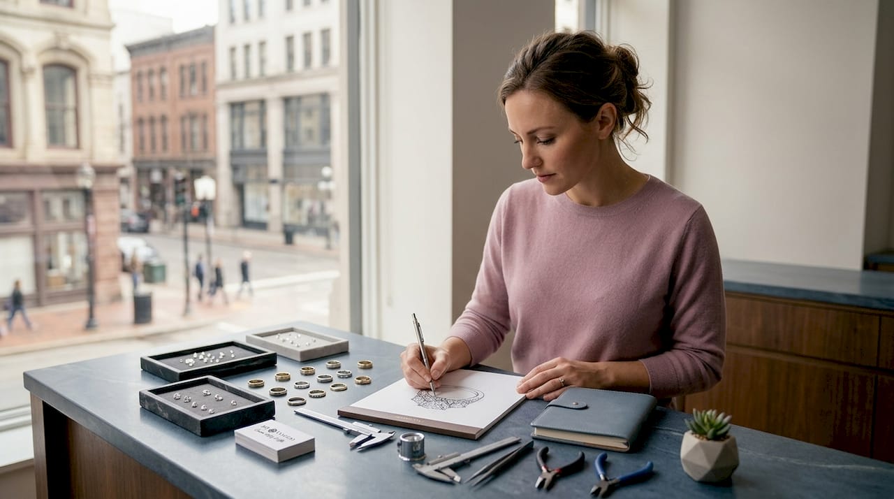 Jeweler sketching custom diamond ring design at workshop bench