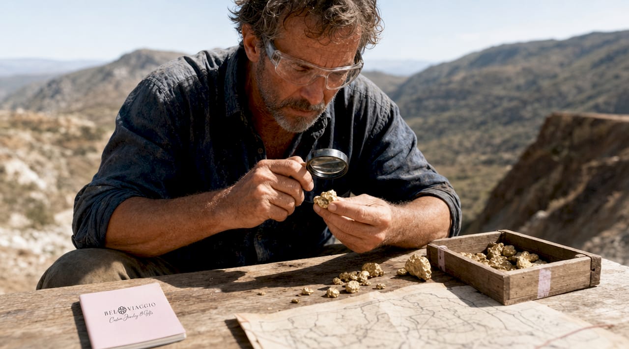 Artisanal miner inspecting gold sample in workshop