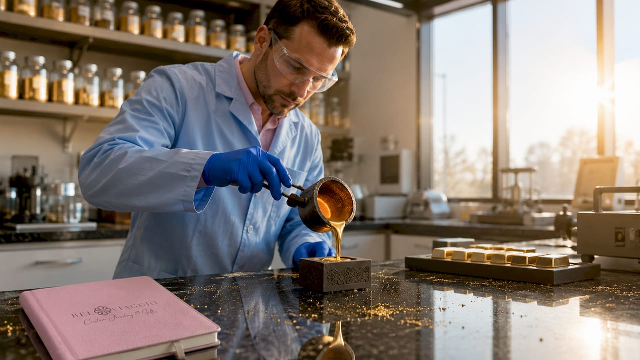 Technician pouring molten recycled gold in refinery lab