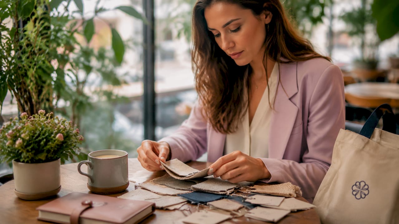 Woman reviewing sustainable materials samples at home