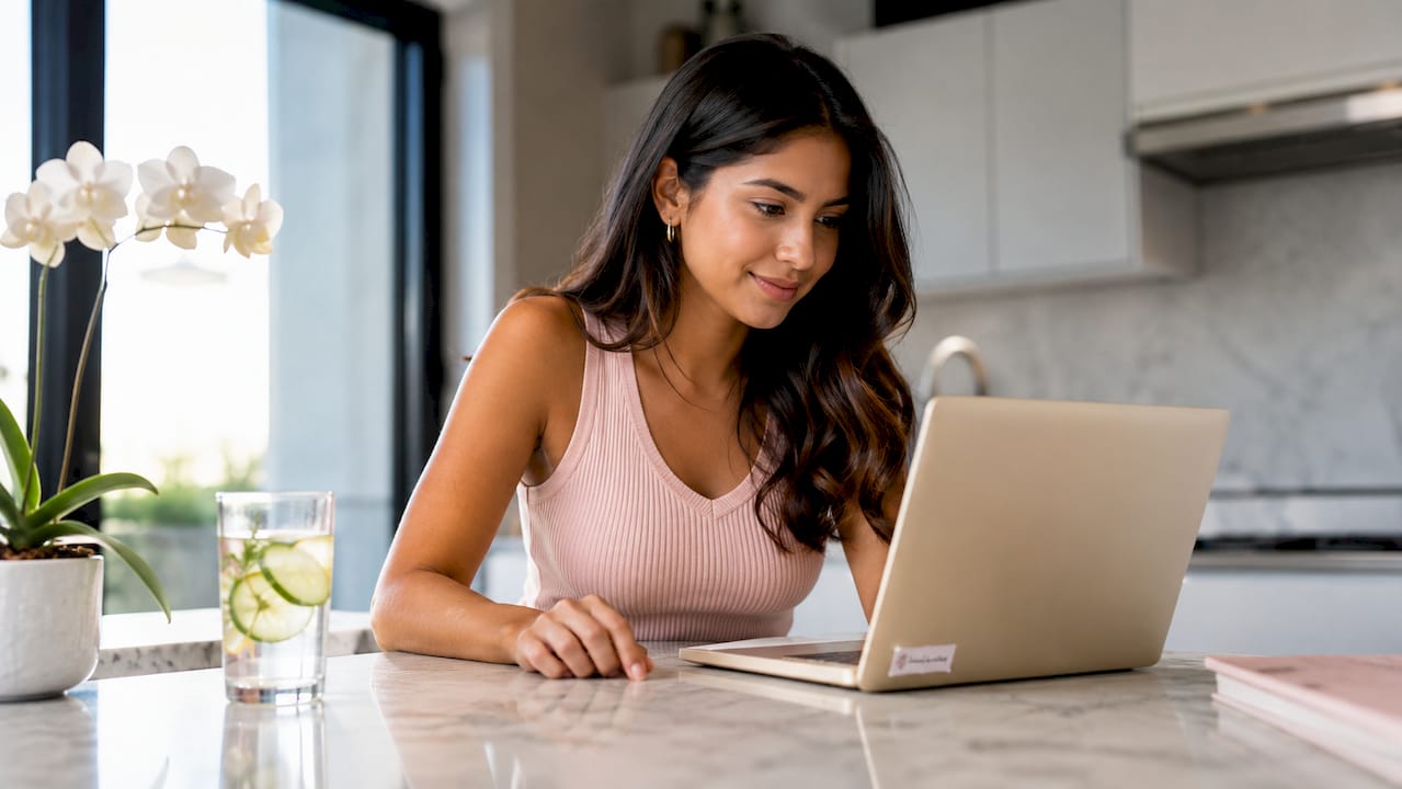 Woman using laptop for virtual ring try-on