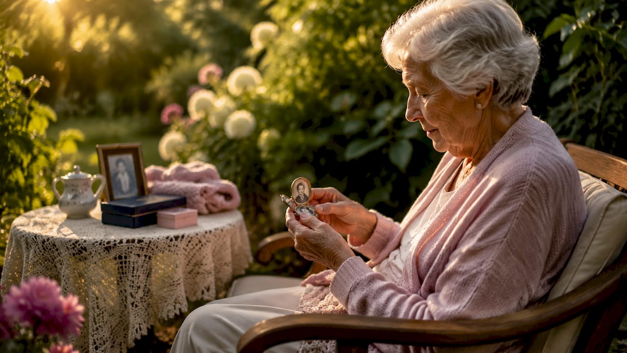 Elderly woman examining family keepsake locket