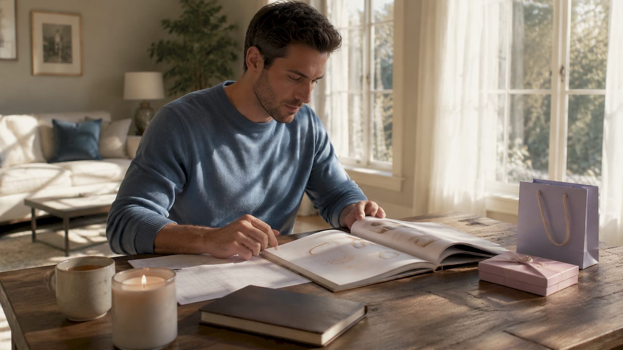 Man reviewing wedding ring budget at kitchen table