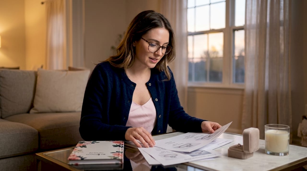 Woman researching engagement ring prices at home