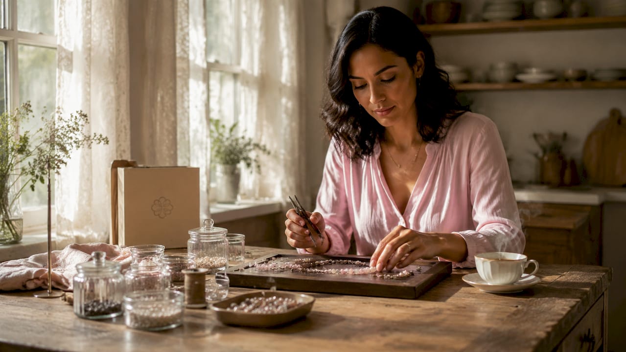 Person assembling necklace at home craft table