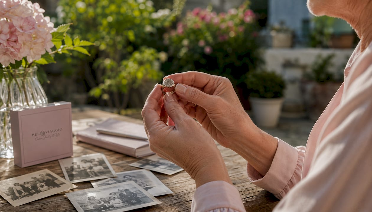 Hands holding antique family signet ring