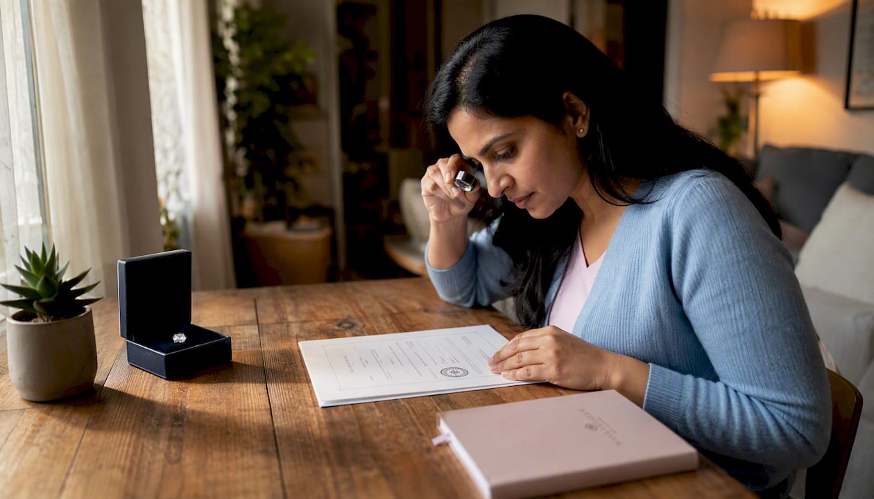 Woman reviewing lab diamond certificate at home