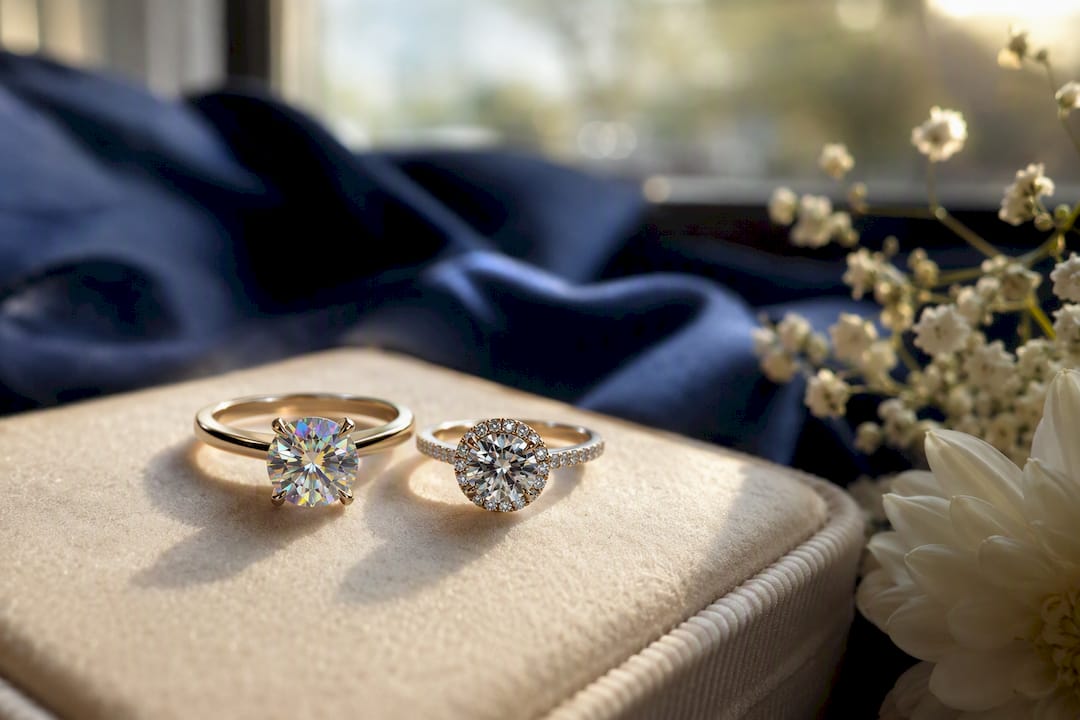 Close-up of moissanite and diamond engagement rings