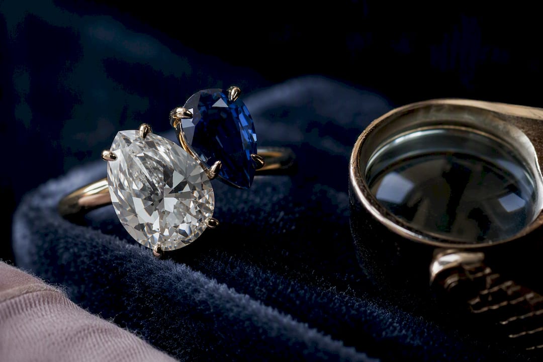 Two stones angled together in ring setting