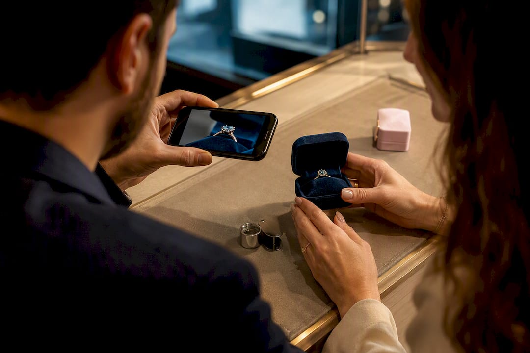 Couple documenting ring after purchase