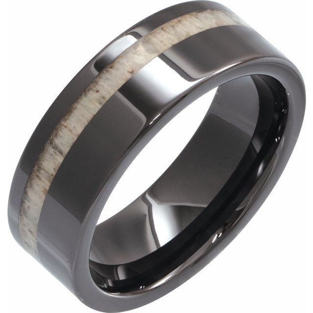 Men's Wedding Band Black Ceramic with Antler Wood Inlay