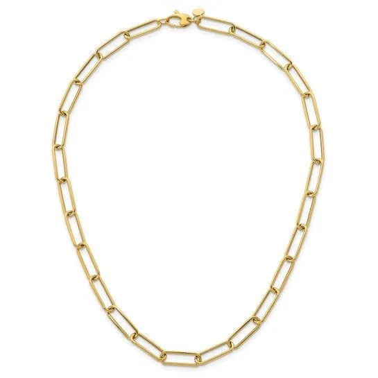 Gold link chain necklace with a lobster claw clasp on a white background