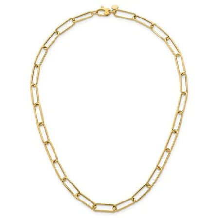 Gold link chain necklace with a lobster claw clasp on a white background