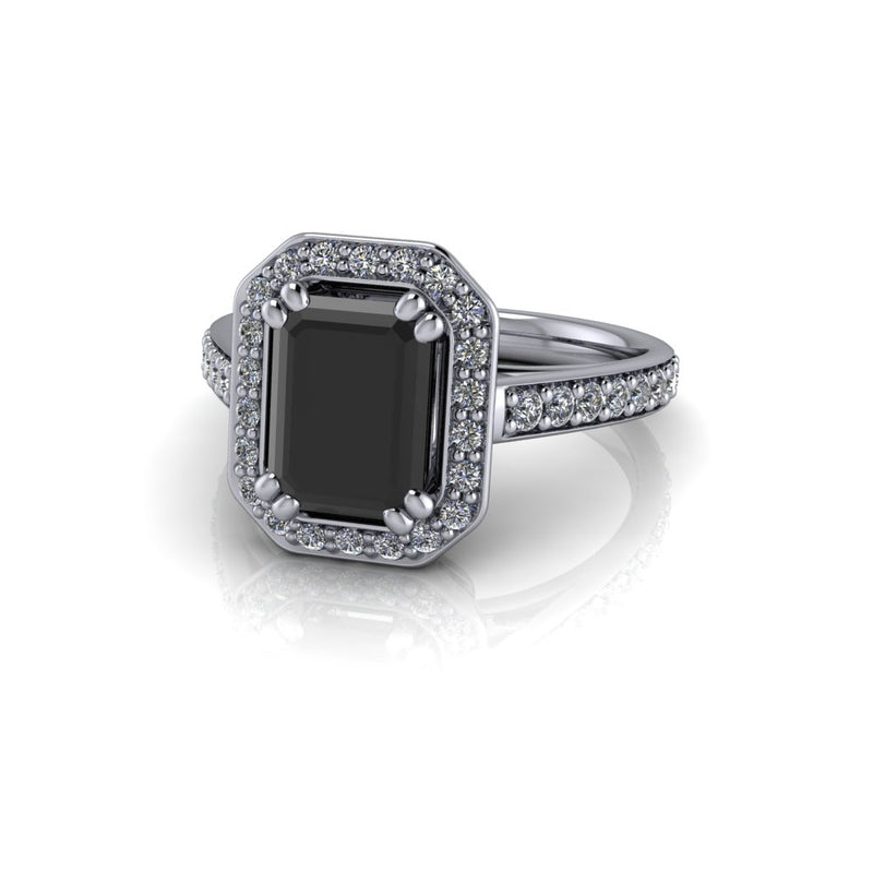 Emerald Cut Black Diamond Engagement Ring Halo Setting