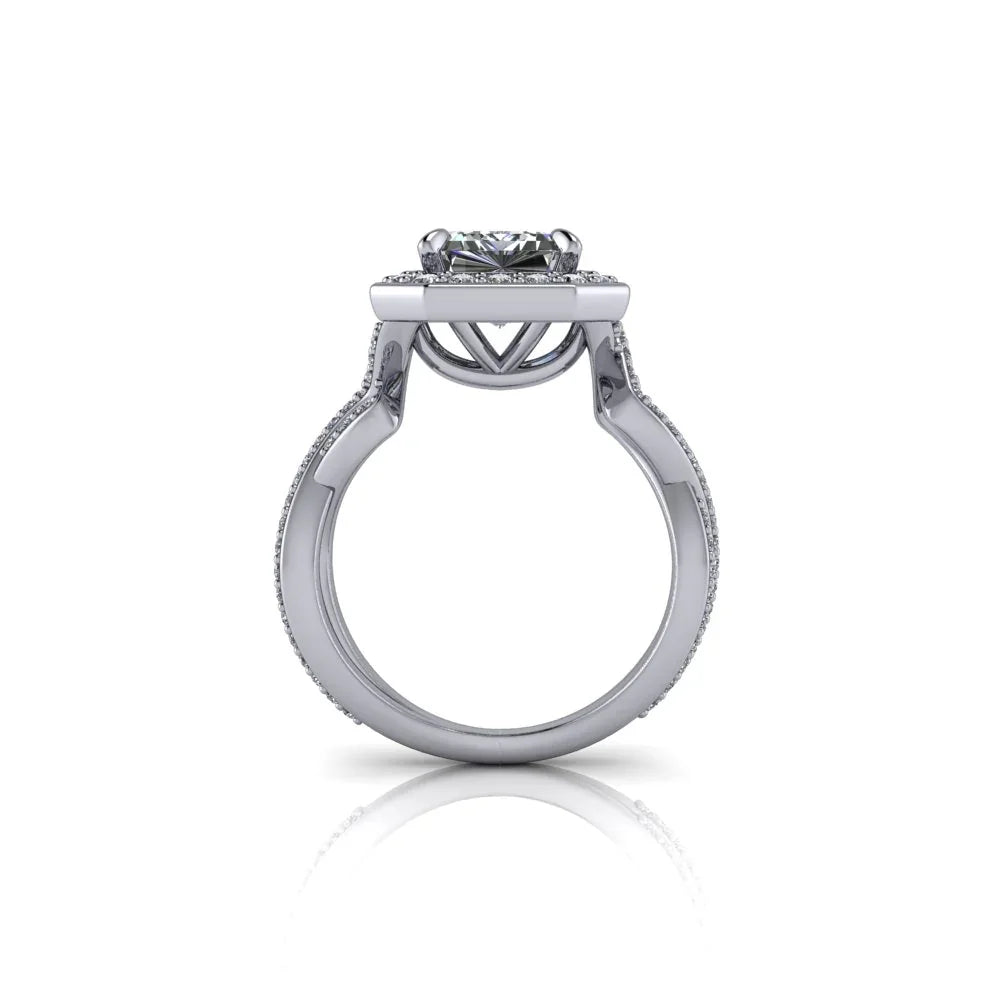 Side view of custom white gold engagement ring with round center diamond and pave band