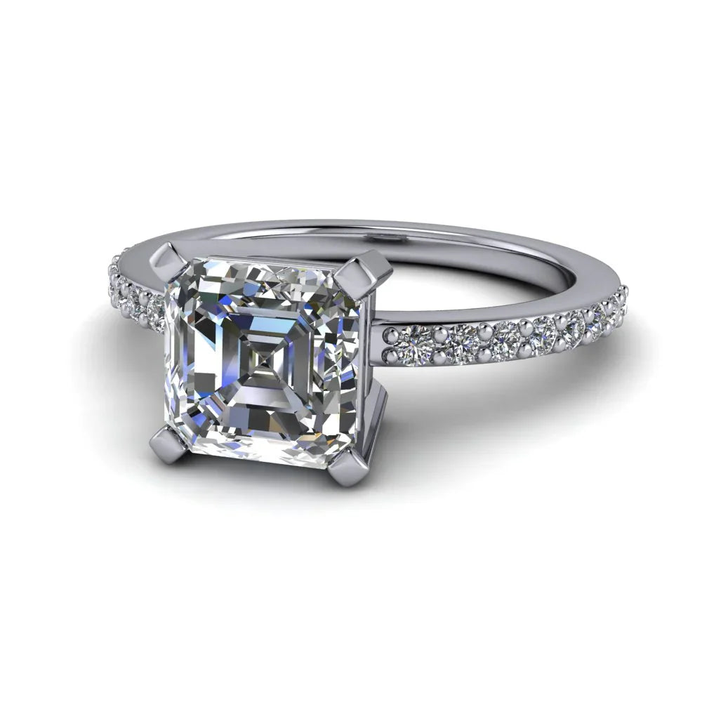 Asscher cut diamond engagement ring with pavé band in white gold