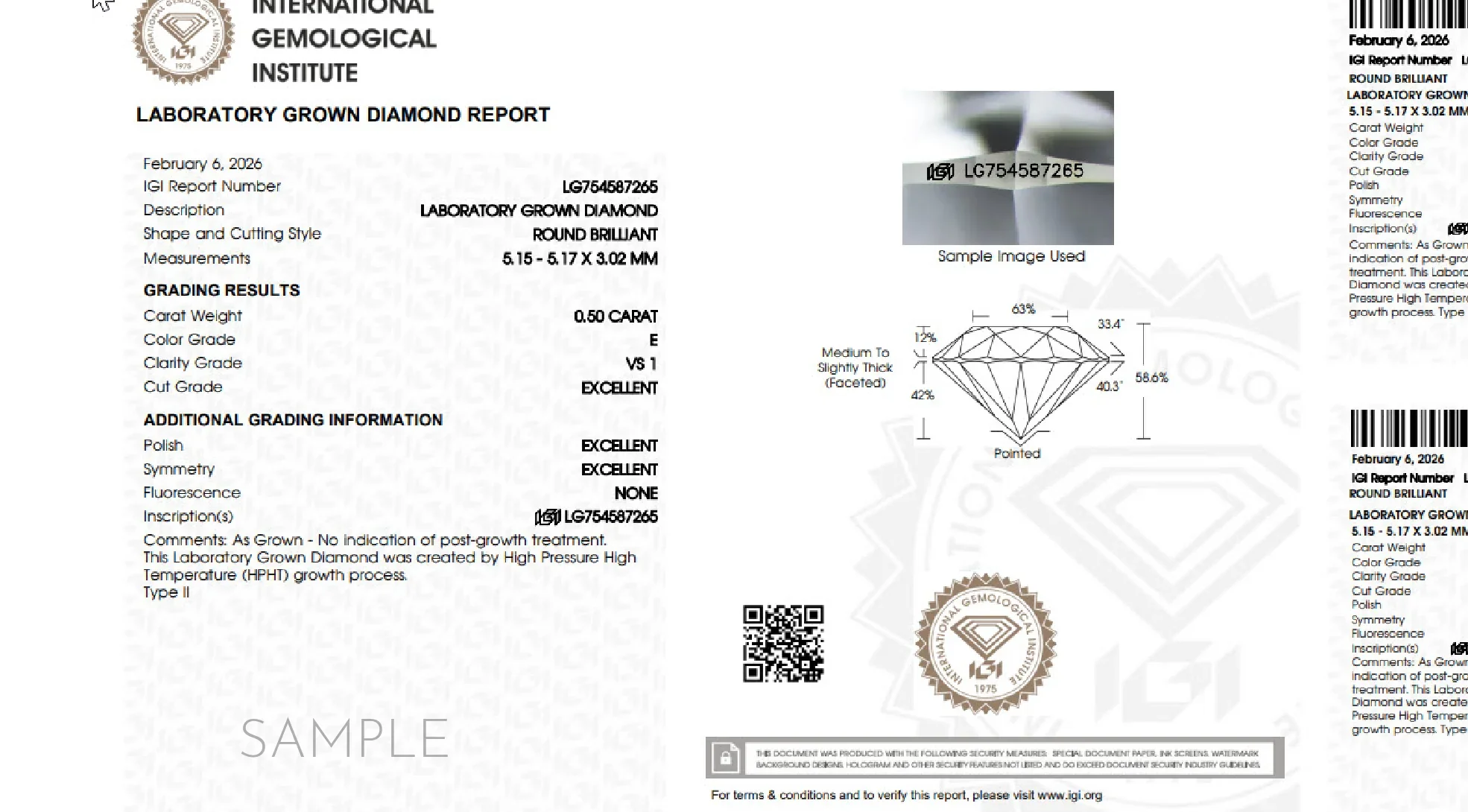 IGI laboratory grown diamond report for 0.50 carat round brilliant, E color, VS1 clarity