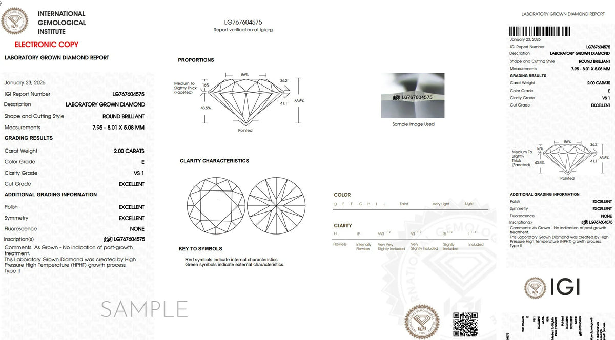 IGI lab grown diamond certificate sample for a 2.00 carat round brilliant, E color, VS1 clarity.