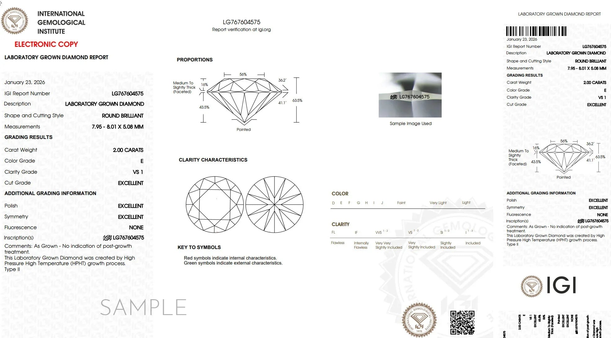 IGI lab grown diamond certificate sample for a 2.00 carat round brilliant, E color, VS1 clarity.