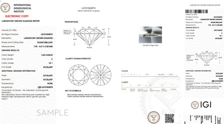 IGI lab grown diamond certificate sample for a 2.00 carat round brilliant, E color, VS1 clarity.