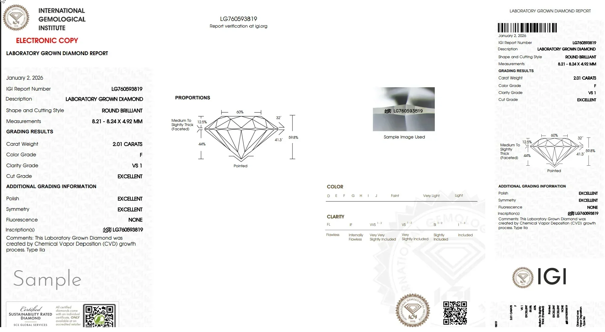 IGI laboratory grown diamond report with round brilliant cut, 2.01 carats, F color, VS1 clarity