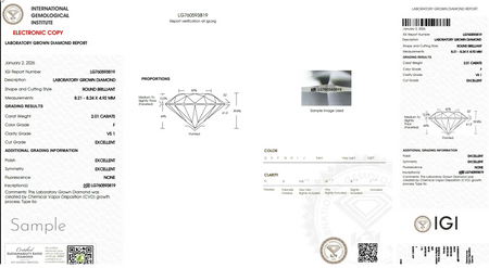 IGI laboratory grown diamond report with round brilliant cut, 2.01 carats, F color, VS1 clarity