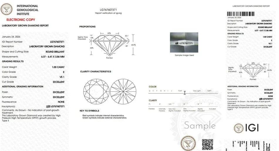 IGI laboratory grown diamond report with round brilliant cut grading details and proportions chart