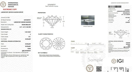 IGI laboratory grown diamond report with round brilliant cut grading details and proportions chart