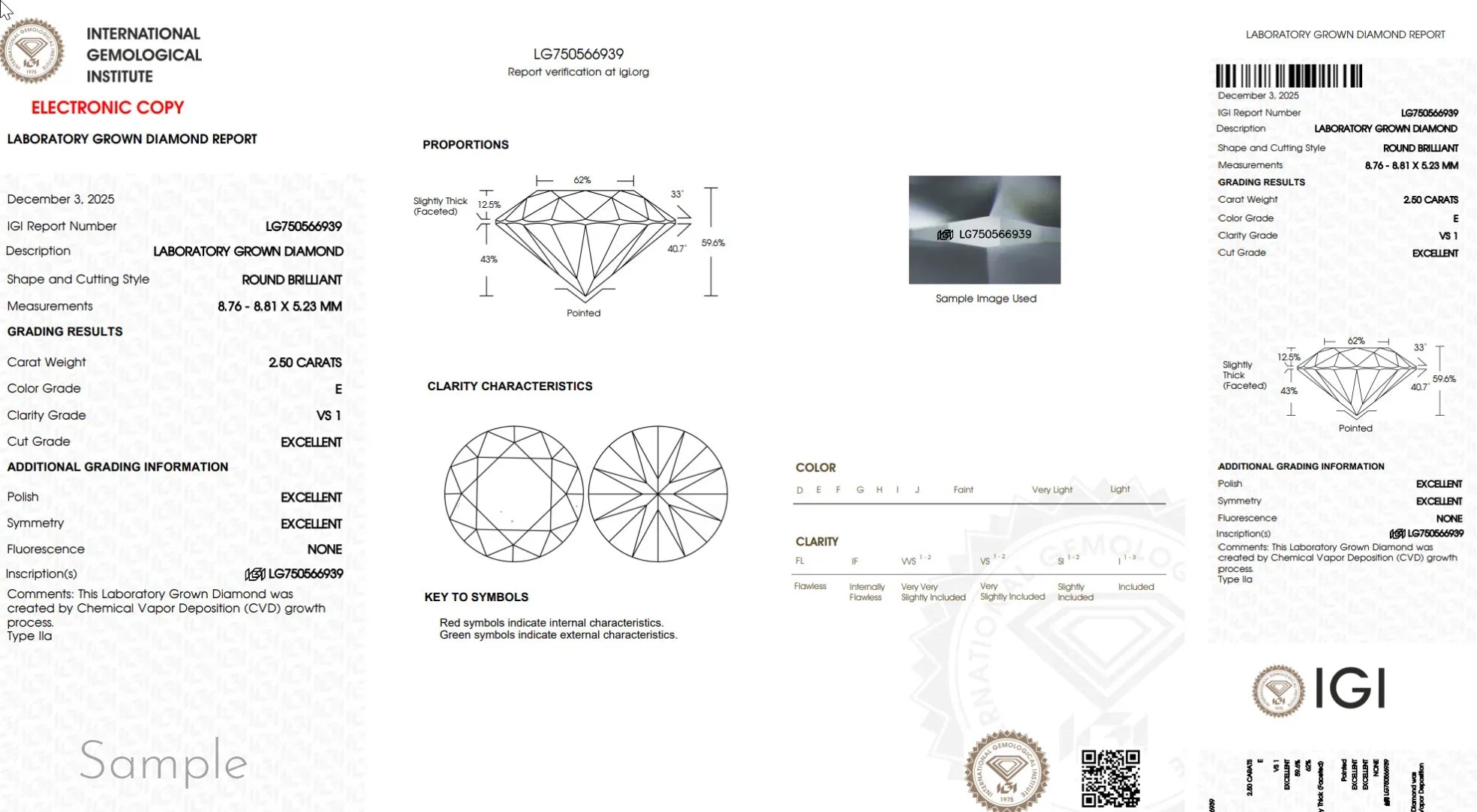 IGI laboratory grown diamond report showing round brilliant 2.50 carat E VS1 diamond details