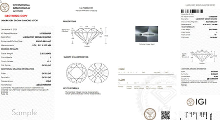 IGI laboratory grown diamond report showing round brilliant 2.50 carat E VS1 diamond details