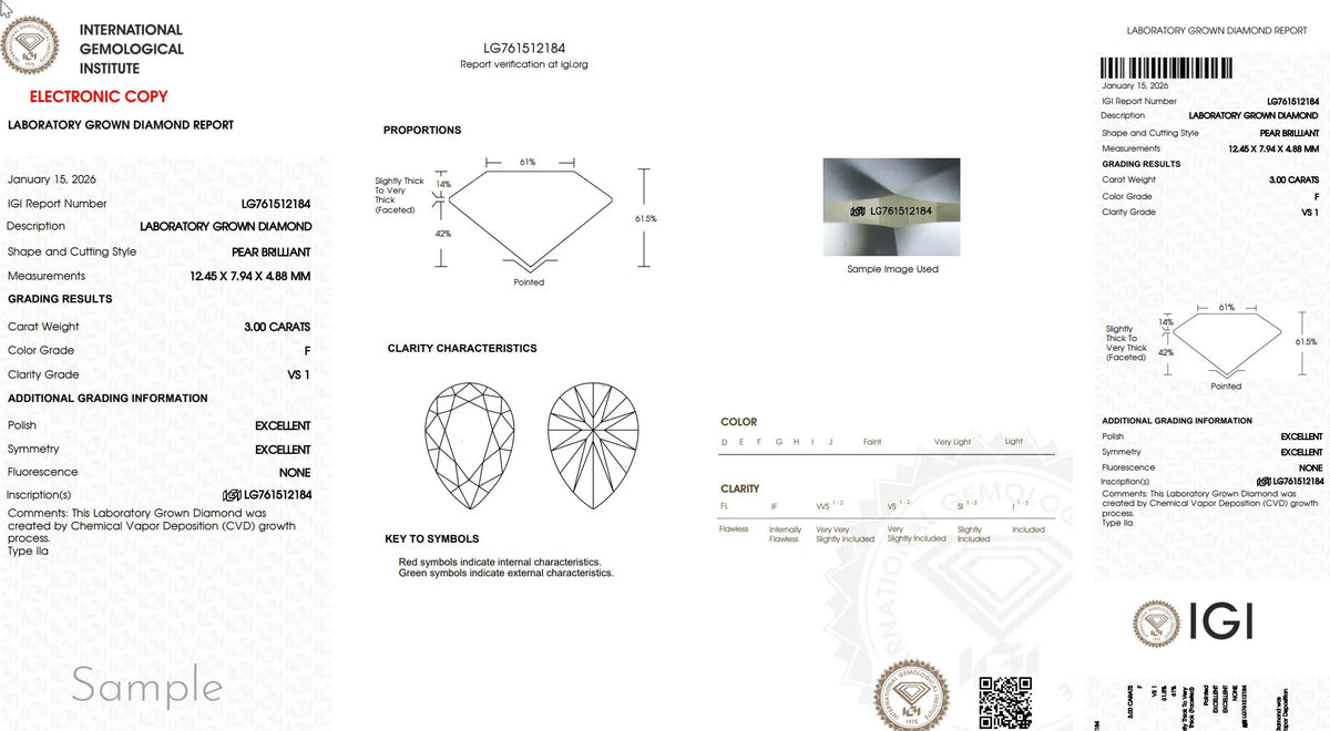 IGI laboratory grown diamond report for pear brilliant cut, 3.00 carats, F color, VS1 clarity