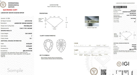 IGI laboratory grown diamond report for pear brilliant cut, 3.00 carats, F color, VS1 clarity