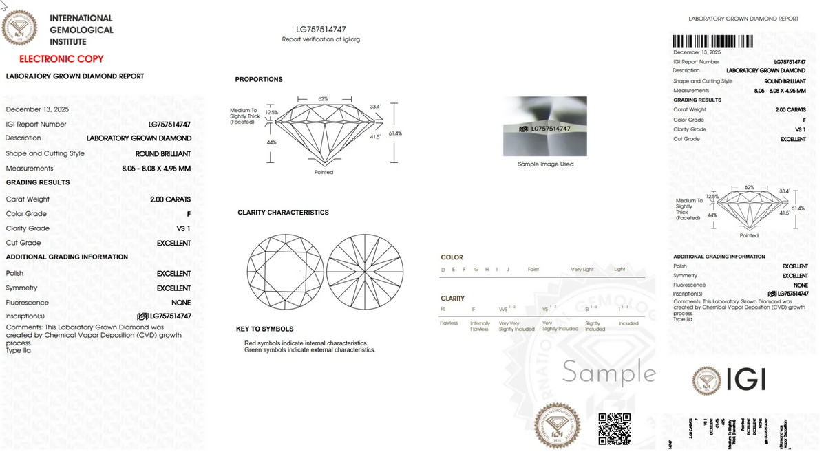 IGI laboratory grown diamond report for 2.00 carat round brilliant diamond, F color, VS1 clarity, excellent cut.