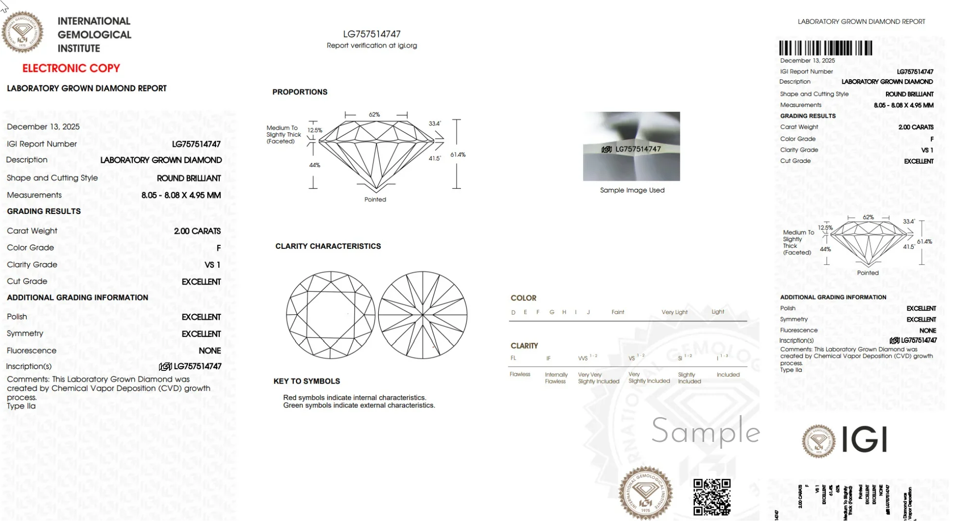 IGI laboratory grown diamond report for 2.00 carat round brilliant diamond, F color, VS1 clarity, excellent cut.