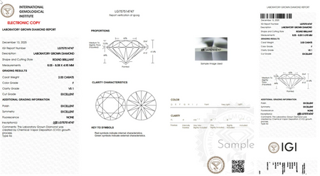 IGI laboratory grown diamond report for 2.00 carat round brilliant diamond, F color, VS1 clarity, excellent cut.