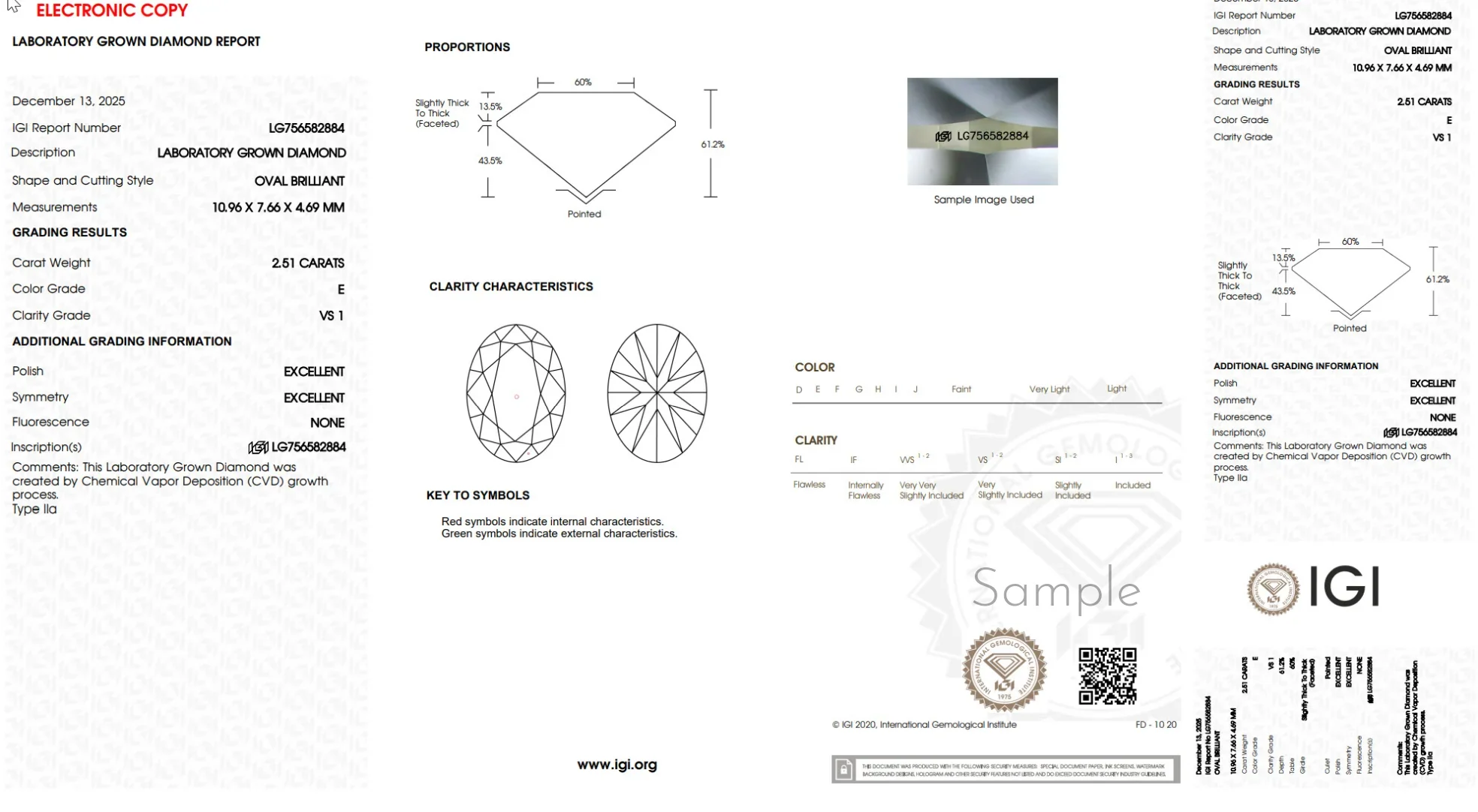 Laboratory grown diamond grading report showing an oval brilliant cut, 2.51 carats, E color, VS1 clarity.