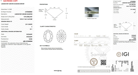 Laboratory grown diamond grading report showing an oval brilliant cut, 2.51 carats, E color, VS1 clarity.