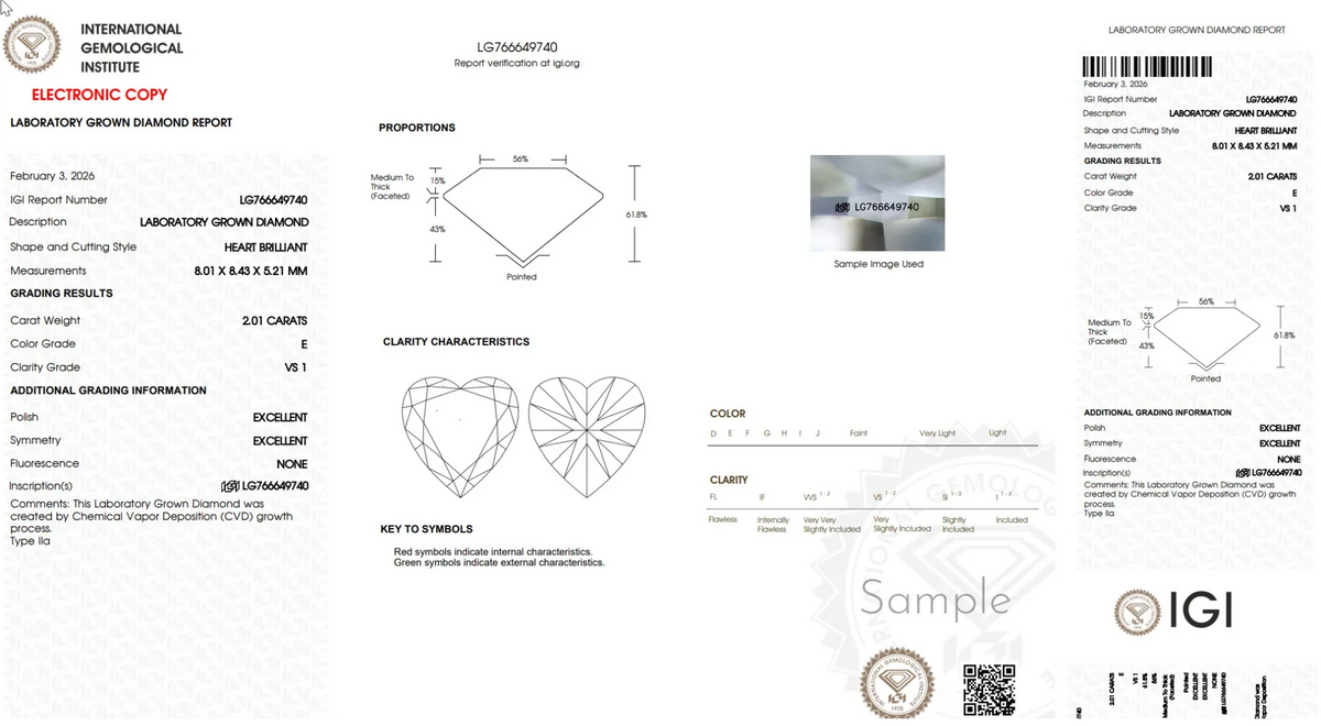 IGI lab grown diamond report showing heart brilliant 2.01 carat diamond, VS1 clarity, E color.