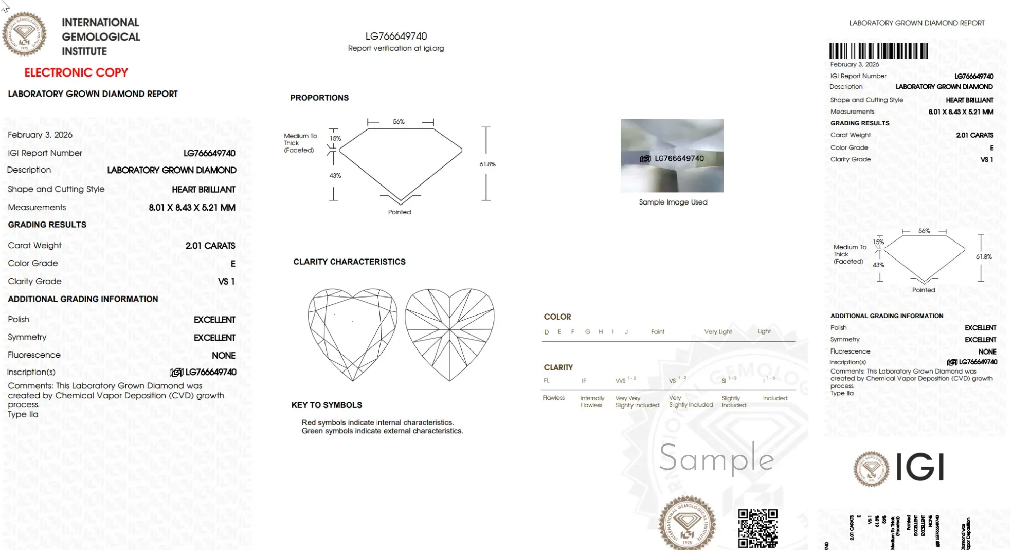 IGI lab grown diamond report showing heart brilliant 2.01 carat diamond, VS1 clarity, E color.